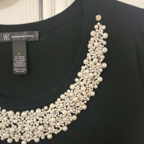 INC International Concepts Black Embellished Short Sleeve Blouse - Picture 7 of 8